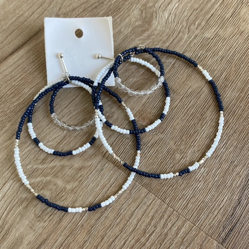 NEW NWT Free People navy Blue White Beaded Hoop Landslide Earrings Layered